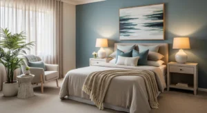 blue green bedroom with calming earthy tones