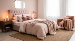 blush and brown bedroom with warm earthy palette