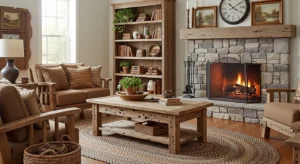 distressed wood furniture in french country living room