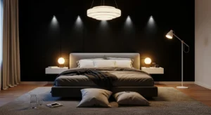 layered lighting in black accent bedroom