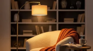 floor lamp in living room corner creating cozy reading space