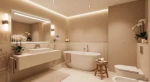 warm neutral bathroom design with beige tones and soft lighting