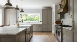 taupe kitchen cabinets with gold accents for elegance