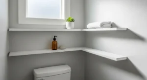 slim wall shelves in small bathroom for space saving storage