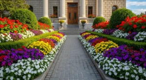 symmetrical flower bed design creating elegant curb appeal