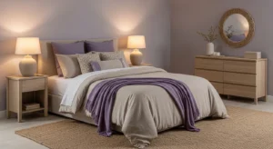 lavender beige bedroom with soft calming colors