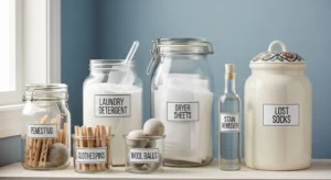 labeled containers in laundry room for easy organization