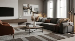 brown and grey living room with balanced tones