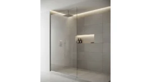 Modern shower with simple design, neutral palette, uncluttered space.