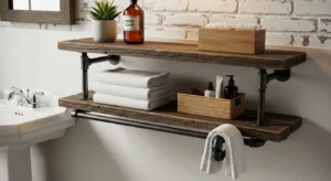 industrial pipe bathroom shelf with wood and metal design