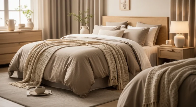 neutral bedroom with beige bedding linen textures and warm lighting creating soft relaxing bedroom design
