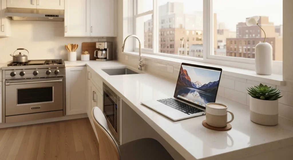 Multi-functional kitchen space with work and dining area combined