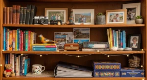 bookshelf styled with personal decor and books