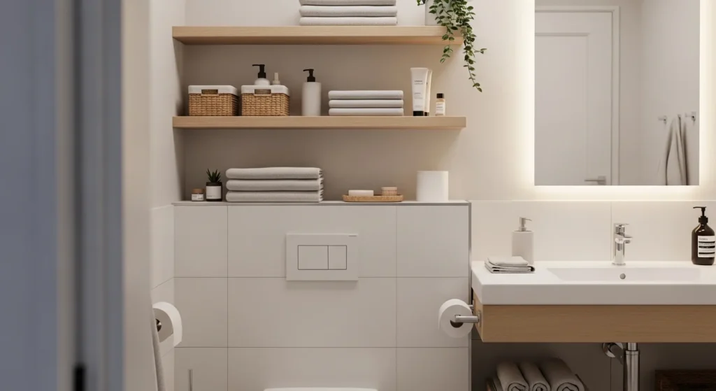 minimal bathroom with floating shelves and organized decor showing bathroom shelf ideas for clutter free storage
