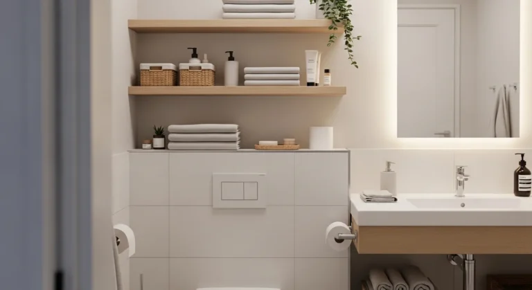 minimal bathroom with floating shelves and organized decor showing bathroom shelf ideas for clutter free storage