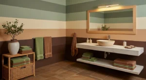 blue grey bathroom with balanced modern feel