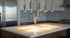 cluster pendant lighting above kitchen island for unique look