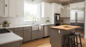 two tone taupe kitchen with balanced cabinet design