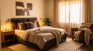 brown and beige bedroom with warm cozy feel