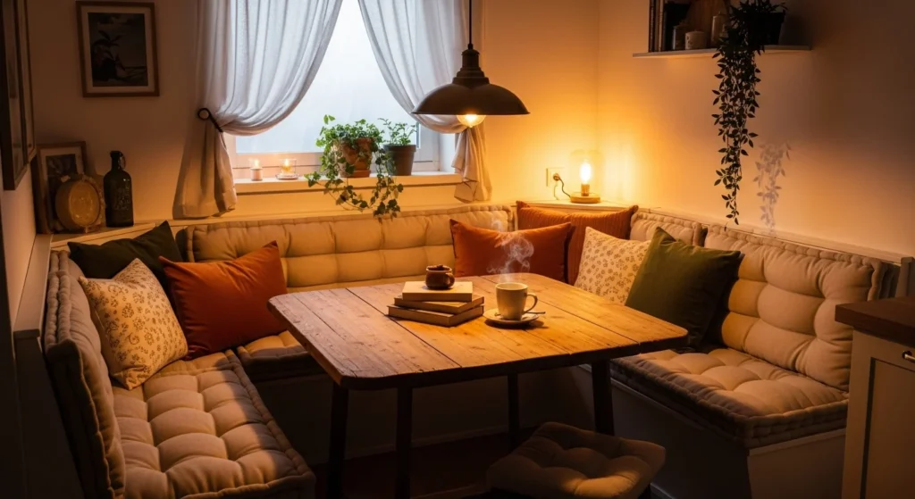 Cozy kitchen nook with seating and warm inviting design
