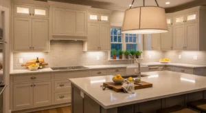 warm white kitchen cabinets creating soft and cozy modern space