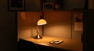 desk lamp in cubicle creating soft cozy lighting