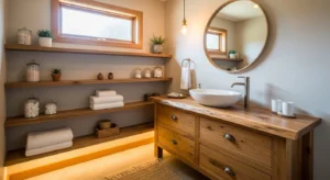 wood accents in bathroom adding warmth to space
