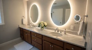 soft lighting in double vanity bathroom creating calm vibe