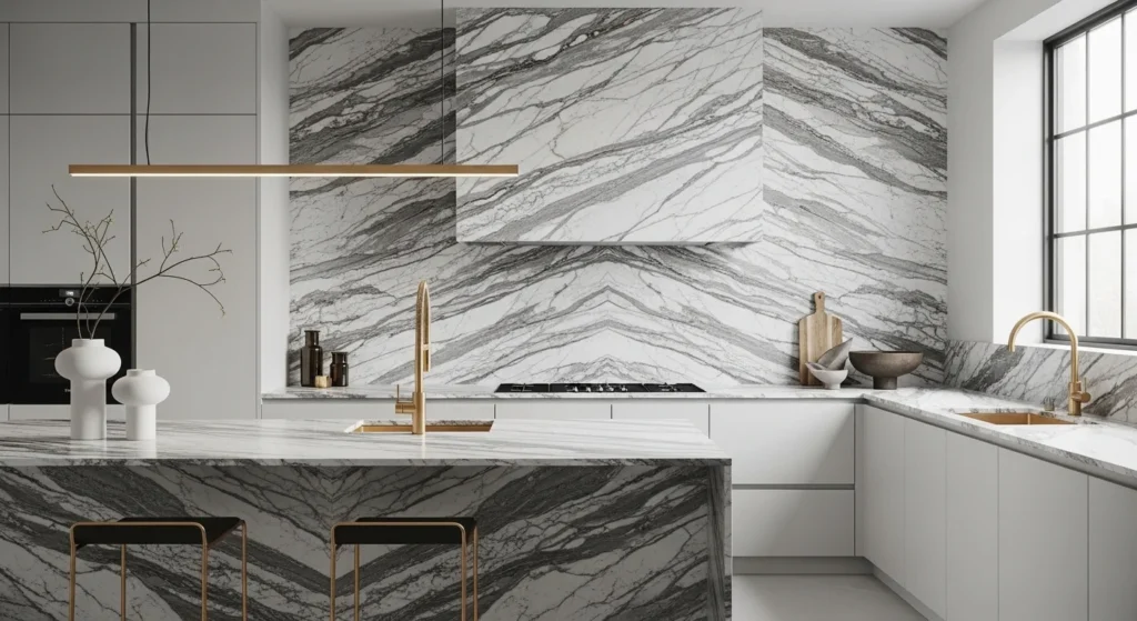 Marble slab backsplash kitchen design with seamless modern luxury look