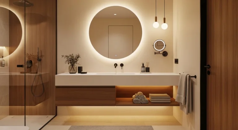 A modern spa-like bathroom featuring warm neutral tones, a floating vanity, soft ambient lighting, a large round mirror, and minimal decor. Include natural materials like wood and stone, a walk-in glass shower, and neatly styled towels. The space should feel clean, cozy, and luxurious. Use soft warm lighting and a calm color palette (beige, cream, taupe). Slight blur background with focus on vanity and lighting.