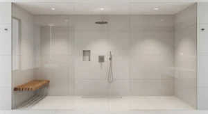 walk in shower with frameless glass and modern design
