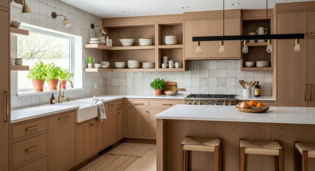 Kitchen with natural wood accents and warm modern design style