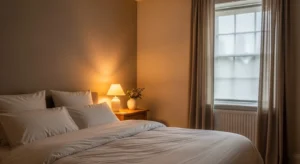 taupe and ivory bedroom with calm neutral palette