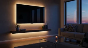 LED strip lighting behind TV adding modern glow to living room