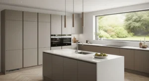 minimal hardware taupe kitchen cabinets for sleek look