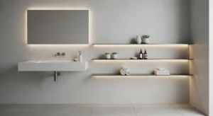 metal shelves in bathroom for modern storage solution