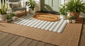 layered doormats adding style to small front porch