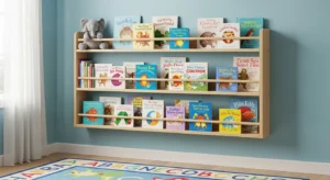 book display shelf in kids playroom encouraging reading