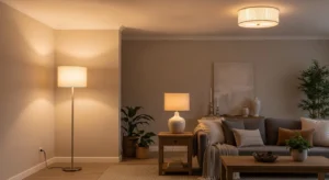 living room with layered lighting using lamps and ceiling lights for cozy atmosphere
