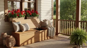 storage bench on small front porch saving space