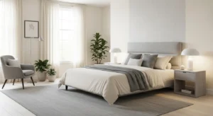 cream and grey bedroom with balanced neutral tones