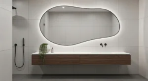 statement mirror in bathroom adding modern design feature