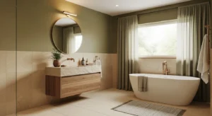 olive and sand bathroom with natural earthy colors