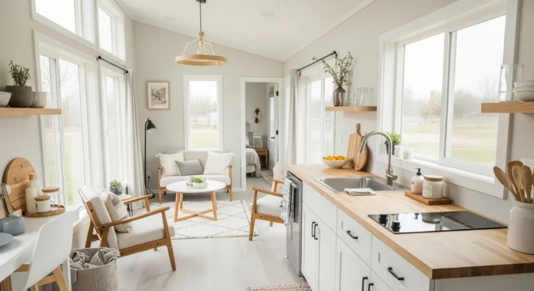 16x40 shed house interior with open layout light colors and smart furniture creating spacious small home design