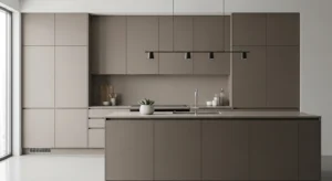 full taupe kitchen cabinets creating cohesive neutral design