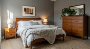 grey and wood bedroom creating balanced natural look