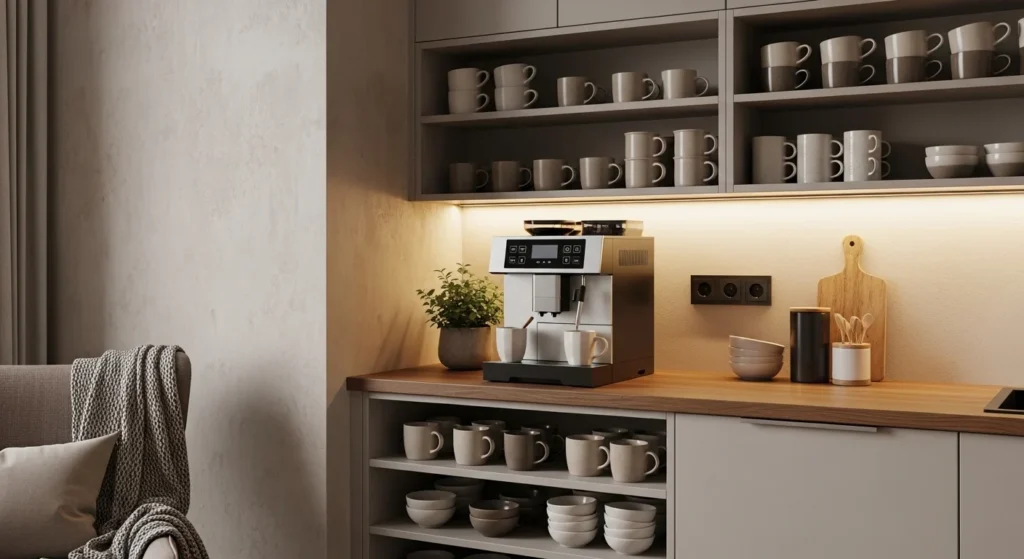 Built-in coffee station in kitchen with organized mugs and decor