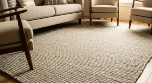 textured rug in french country living room