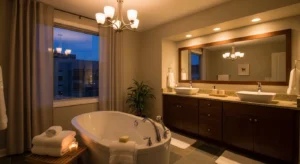 soft ambient lighting in bathroom creating cozy atmosphere