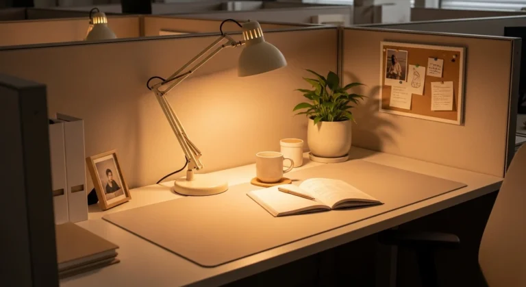 cozy cubicle setup with warm lighting desk decor and plant creating comfortable workspace